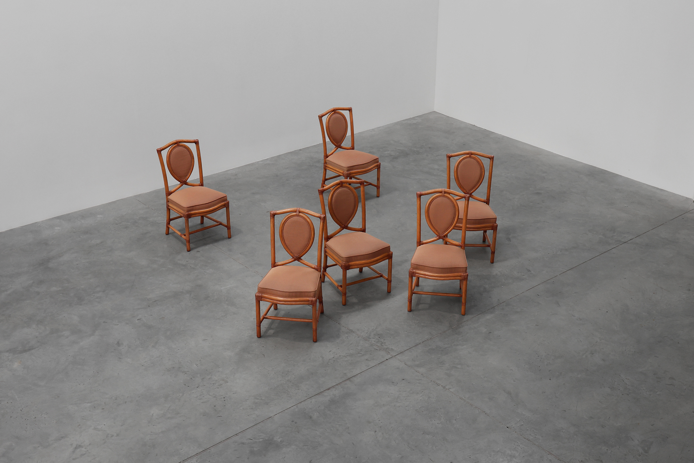 Set of 6 bamboo dining room chairs with geometric upholstery by Gasparucci, Italy 1980sthumbnail
